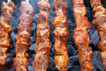 grilled barbecue meat on skewers