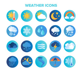 Large set of circular blue weather or meteorological icons