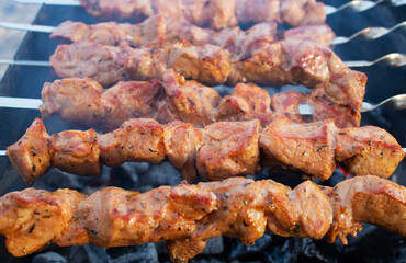 grilled barbecue meat on skewers