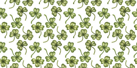 Vintage seamless pattern with lucky clover.