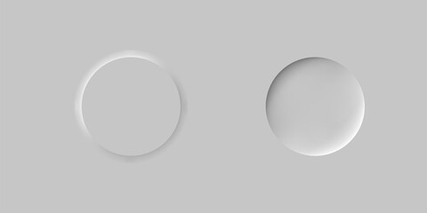 Neumorphic round button on off concept, blank bar collection on trendy neumorphism style, minimalistic neomorphism buttons illustration.
