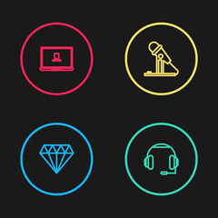 Set line Diamond, Headphones, Microphone and Laptop icon. Vector