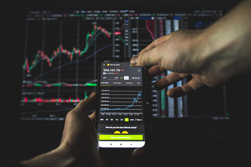 Cryptocurrency exchange chart. Bitcoin price goes up to 60 000 dollars. Blockchain and digital money