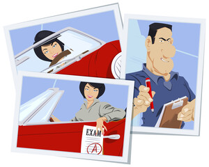 Beautiful woman at driving lesson. Driver's license. Illustration for internet and mobile website.