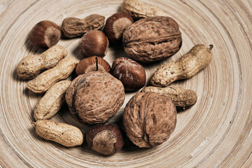 Walnuts, hazelnuts and peanuts.Nuts close-up view from above, healthy and healthy food.