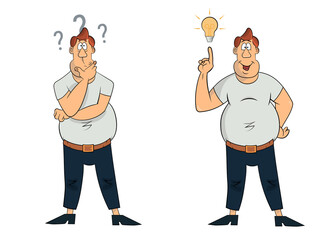 Old cartoon, comic style thoughtful stout man wondering about solution of a problem and find an idea. Heavy man confused, worried but find solution. Vector clip art illustration isolated on white