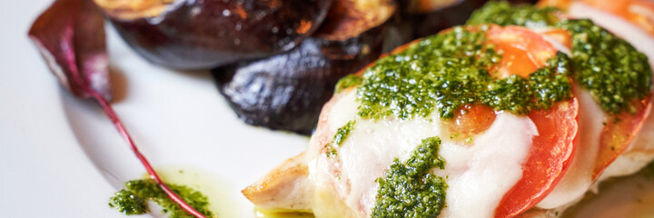 Summer healthy food. Cheese, tomato, basil and eggplant reciepe. Mozzarella sliced oven. Homemade dinner. Cafe italian meal. Diet cooked lunch. Horizontal banner. Copyspace