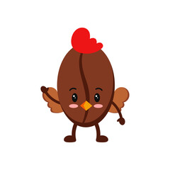 Easter cute coffee bean in hen costume icon isolated on white baclground. Roasted coffee grain easter character with hen bird wings and beak. Flat cartoon vector drink seed clip art illustration