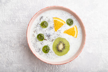 Yogurt with kiwi, gooseberry, chia in ceramic bowl on gray concrete background. top view.