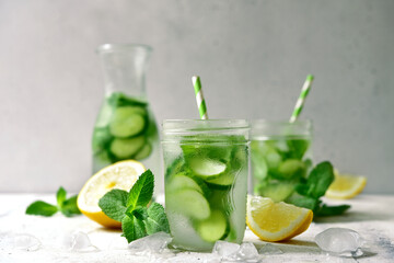 Delicious cold summer lemonade with cucumber and mint in a mason jars.