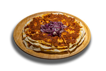 Traditional Turkish Food Kayseri Yalama with Minced Meat in wooden plate with white background , Yogurt and Tomato Paste