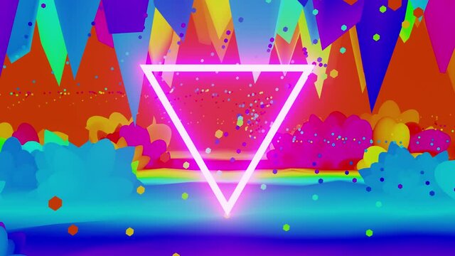 VJ flying a triangle over a magical multicolored bright abstract planet. VJ loop animation for creating infinitely long videos. For shows and holiday parties and for video clips