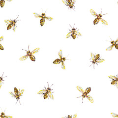 Yellow honey bees on a white background. Acrylic painting. Insects bee art. Handwork. Seamless pattern