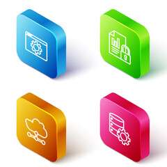 Set Isometric line Browser setting, Document and lock, Network cloud connection and Server gear icon. Vector