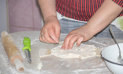 Obraz na płótnie Canvas In the process of cooking cheese pies - women hands working with dough