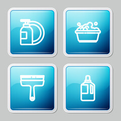 Set line Dishwashing liquid bottle and plate, Plastic basin with soap suds, Rubber cleaner for windows and Fabric softener icon. Vector