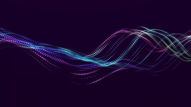 Futuristic wave with many dots. Abstract motion background of colored dots. Technology or science. 3d rendering Seamless loop. 4K