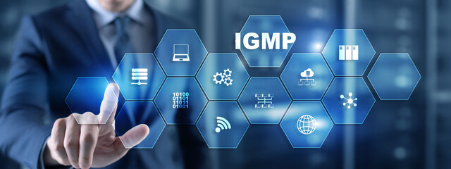 Businessman is pushing his finger on Internet Group Management Protocol. IGMP
