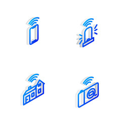 Set Isometric line Smart flasher siren, Wireless smartphone, home with wireless and photo camera icon. Vector