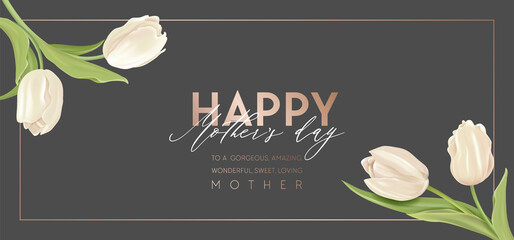 Mother day modern banner. Spring holiday floral vector sale illustration design. Realistic tulip flowers