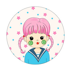 Cute Girl Applying Cucumber Mask Portrait. Cartoon Girl with Pink Pigtails and Cucumber Mask on a Background of Sakura Flowers. Young Woman Doing Skin Care Mask. Cute Female Portrait on Cherry Blossom
