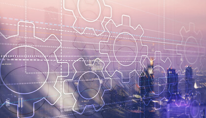 Dots lines and gears on city background