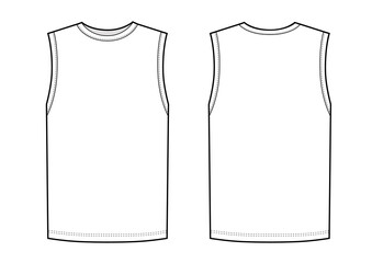 White tank top in front and back views. Isolated sleeveless male sport shirt.