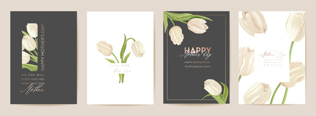Mother day holiday card. Spring floral vector illustration. Greeting realistic tulip flowers template