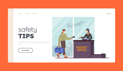 Plane Boarding Landing Page Template. Passenger Character in Medic Mask with Luggage Giving Passport for Registration