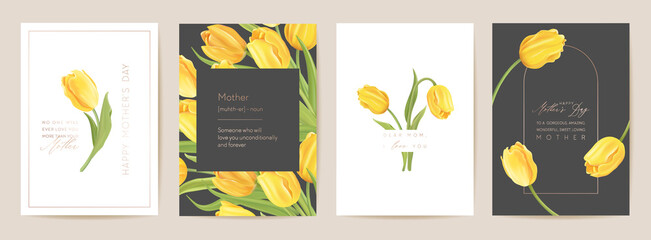 Mother day floral spring postcard. Greeting realistic tulip flowers template, modern flower background