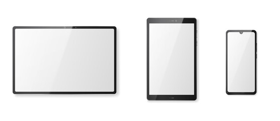 Tablet computer with white screen and black frame. Realistic mockup of modern smart gadget