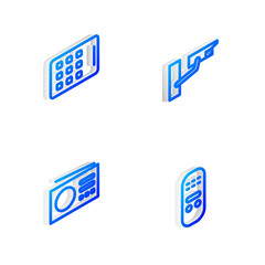 Set Isometric line Security camera, Graphic tablet, Radio and Remote control icon. Vector