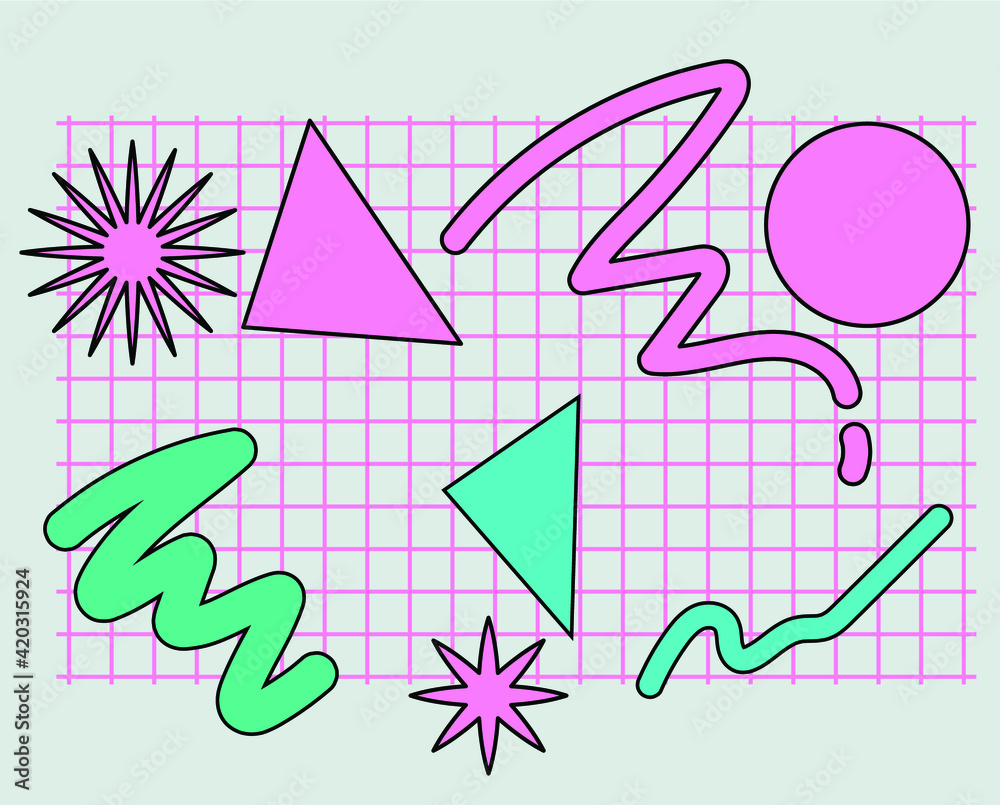 Poster Neo-memphis abstract background with geometric shapes. Vaporwave and synthwave style.