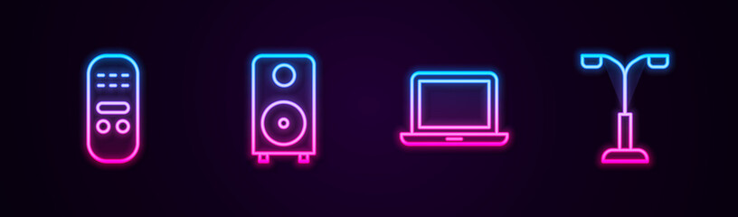 Set line Remote control, Stereo speaker, Laptop and Street light. Glowing neon icon. Vector