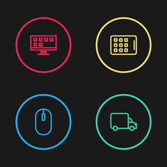 Set line Computer mouse, Delivery cargo truck, Graphic tablet and Smart Tv icon. Vector