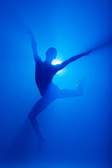 Professional ballerina dancing ballet in spotlights smoke. Beautiful young female wearing black...