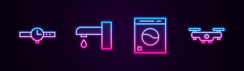 Set line Wrist watch, Water tap, Washer and Drone flying. Glowing neon icon. Vector