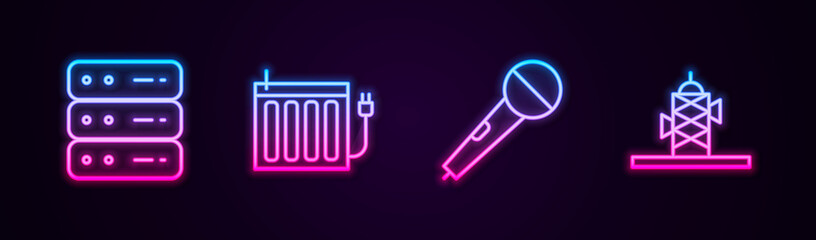 Set line Server, Data, Web Hosting, Heating radiator, Microphone and Antenna. Glowing neon icon. Vector