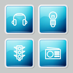 Set line Headphones, Light bulb, Traffic light and Radio icon. Vector
