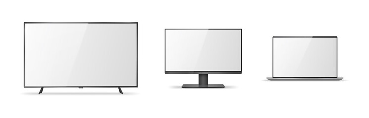 Set of realistic devices mockups. Computer, laptop, monitor and TV lcd on white background.