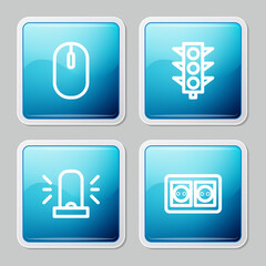 Set line Computer mouse, Traffic light, Flasher siren and Electrical outlet icon. Vector