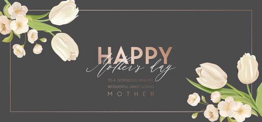 Modern Mother day holiday banner. Spring floral vector illustration design. Advertisement realistic tulip