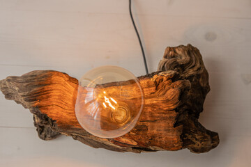 natural raw drift wood house light with exposed led light bulb decoration