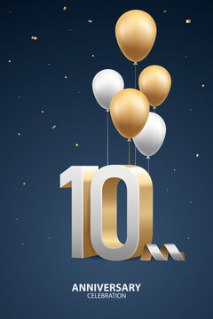 10th Year anniversary celebration background. 3D Golden numbers with gold and white balloons and confetti on blue background.