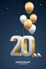 20th Year anniversary celebration background. 3D Golden numbers with gold and white balloons and confetti on blue background. - obrazy, fototapety, plakaty