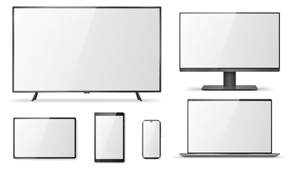Realistic television screen, monitor, laptop, tablet, smartphone mockups isolated on white background