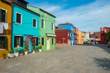 Burano island, characteristic view of colorful houses, Venice lagoon, Italy, Europe