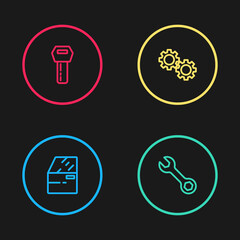 Set line Car door, Wrench spanner, Gear and key with remote icon. Vector