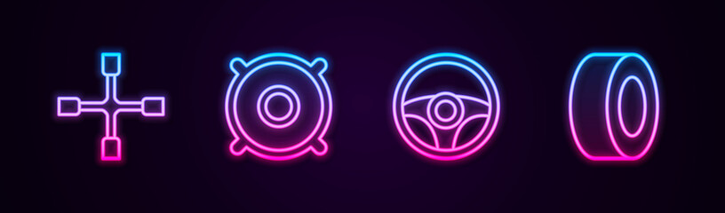 Set line Wheel wrench, Car audio speaker, Steering wheel and tire. Glowing neon icon. Vector