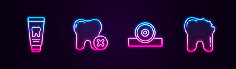 Set line Tube of toothpaste, Tooth with caries, Otolaryngological head reflector and Broken. Glowing neon icon. Vector